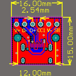 Printed board with connector USB Type-C female 6 pin